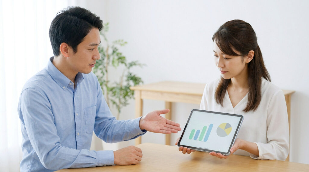 Un homme en chemise bleue montre une tablette avec des graphiques à une femme attentive dans un cadre médical.