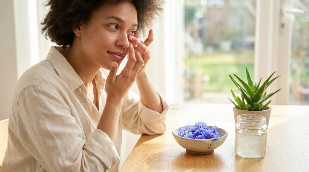 Femme appliquant un soin naturel près d'un bol de bleuets et d'aloe vera pour soulager ses yeux.