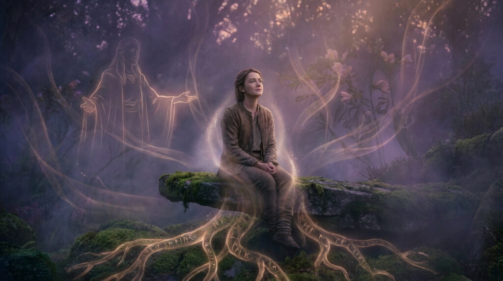 Une jeune femme assise sur une pierre dans une forêt mystique, accompagnée par l'aura lumineuse d'un père disparu.