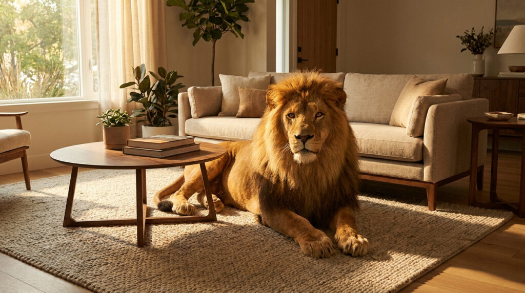Un lion majestueux est allongé sereinement sur le tapis d'un salon moderne et chaleureux baigné par la lumière du soleil.