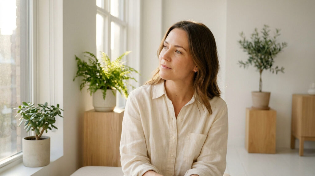 Une femme souriante regarde par la fenêtre dans un intérieur lumineux et apaisant rempli de plantes.