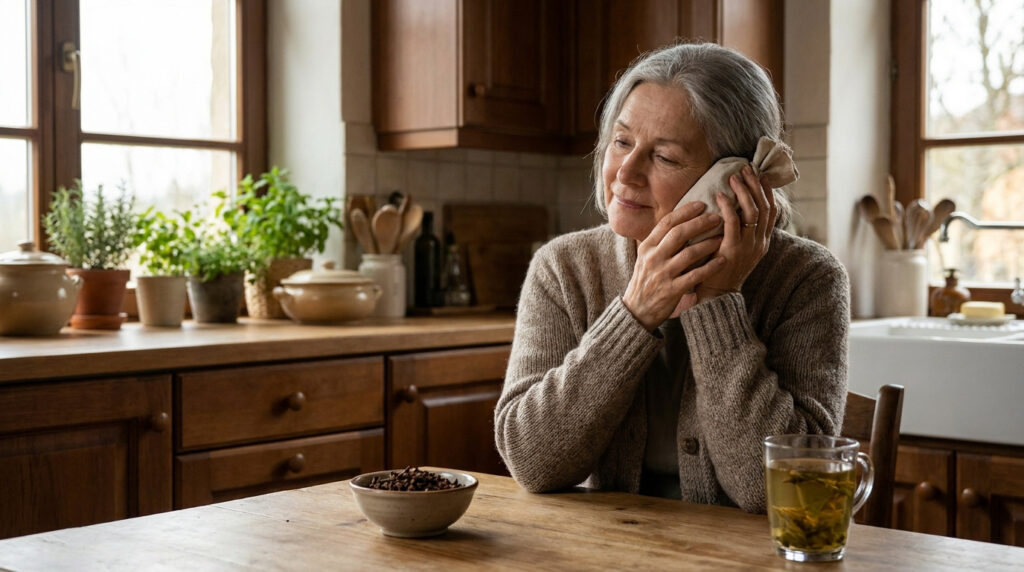 Une femme âgée assise dans une cuisine, appliquant une compresse chaude contre sa joue pour apaiser une douleur dentaire.